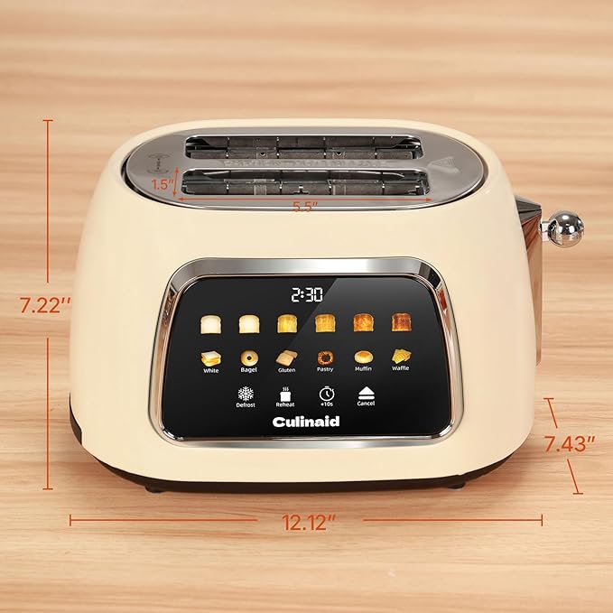 Toaster 2 Slice Smart Touch Screen, Retro 1.5'' Extra Wide Slot Stainless Steel Digital Bread Toaster with Memory Function, Bagel, Defrost, 6 Browning Levels and Removable Crumb Tray, Cream