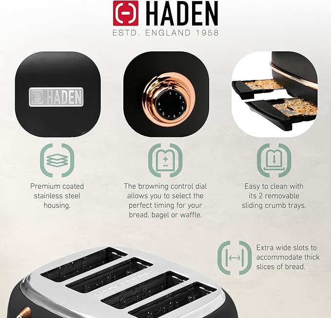 HADEN Heritage 4-Slice Toaster with Extra Wide Slots, 1500-Watt, Black & Copper - Retro Stainless Steel Design with Self-Centering Function, Adjustable Browning Control & Removable Crumb Tray