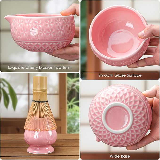 7Pcs Matcha Whisk Set, Ceramic Matcha Bowl with Spout, Bamboo Whisk and Holder, Bamboo Scoop, Scoop Rest, Sifter and Tea Towel, Matcha Kit with Cherry Blossom Carved Patterns for Matcha Lovers (Pink)