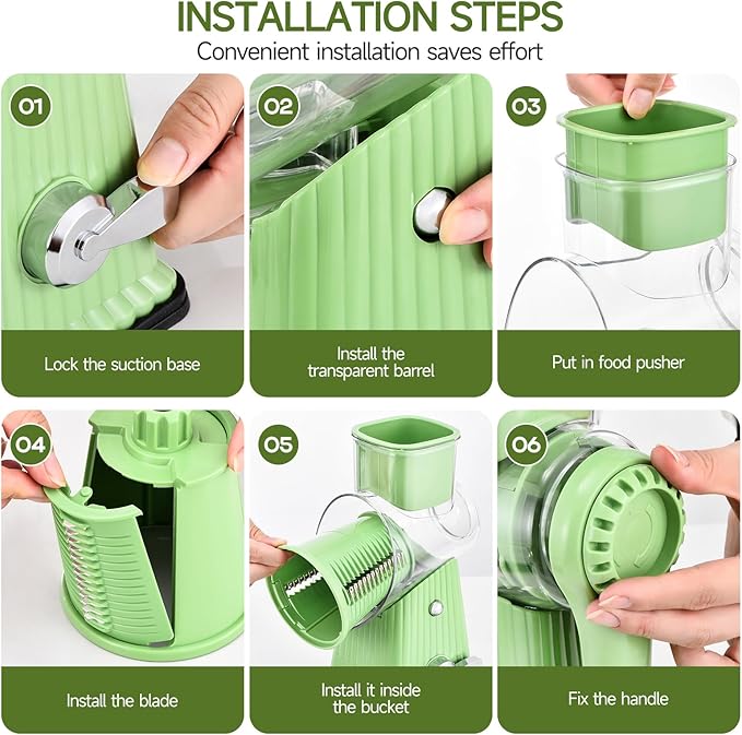 Xilrvna RotaryCheeseGrater,VegetableShredder 5 in 1 Cheese GraterwithHandleedderReinforcedSuction,EasytoClean,KitchenChopperforCrushedIce,Fruits and Nuts with Blade StorageCase（light green）