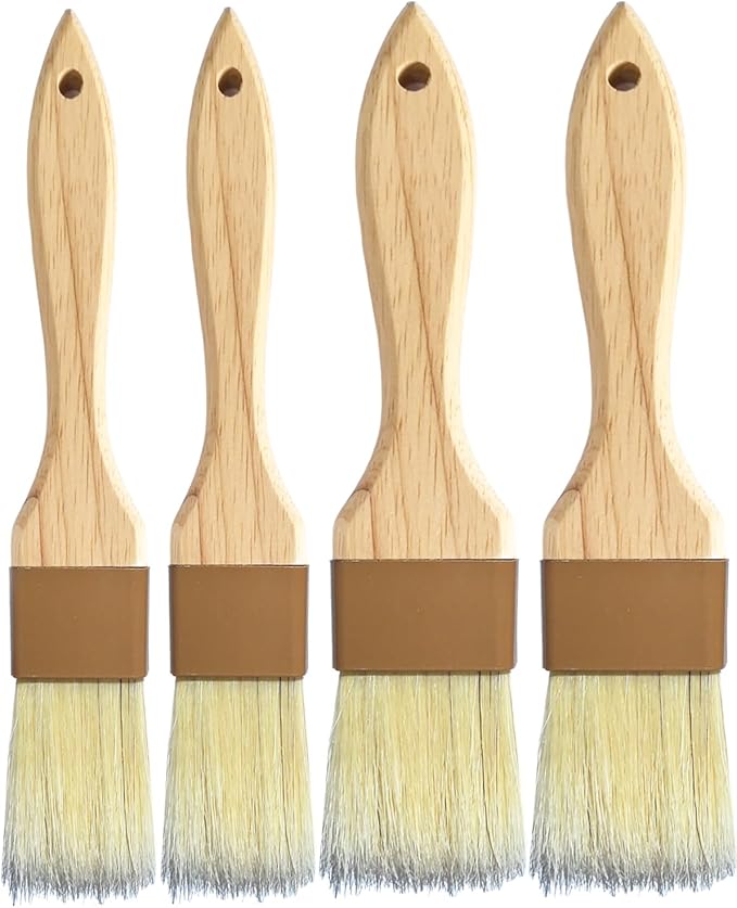Natural Bristle Basting & Pastry Brush Set - 1.5"& 1" Food Grade Cooking Brushes, Not Shedding, for Turkey Basting, Butter, Egg Wash, Baking (4 Pc)