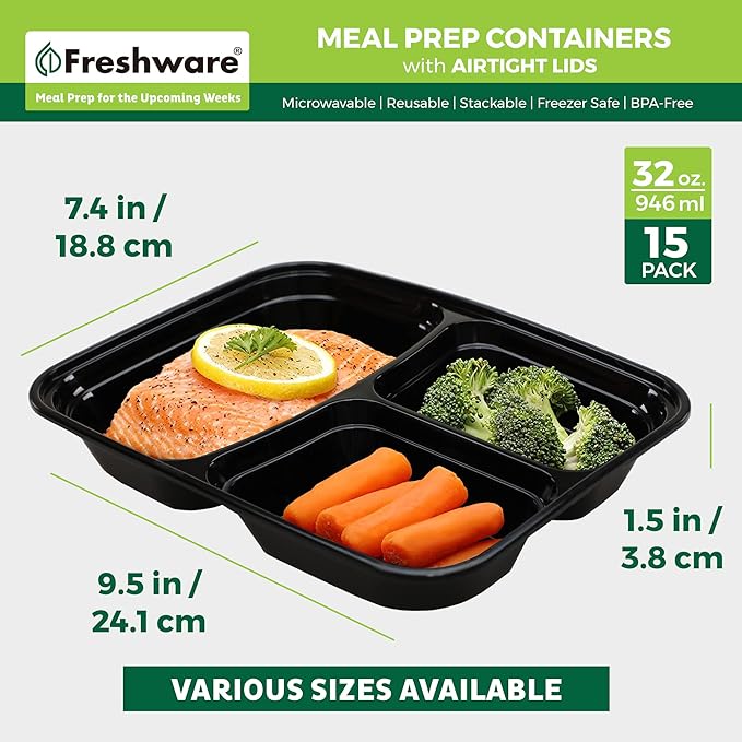 Freshware Meal Prep Containers [15 Pack] 3 Compartment with Lids, Food Containers, Lunch Box, Stackable, Bento Box, Microwave/Dishwasher Safe (32 oz)