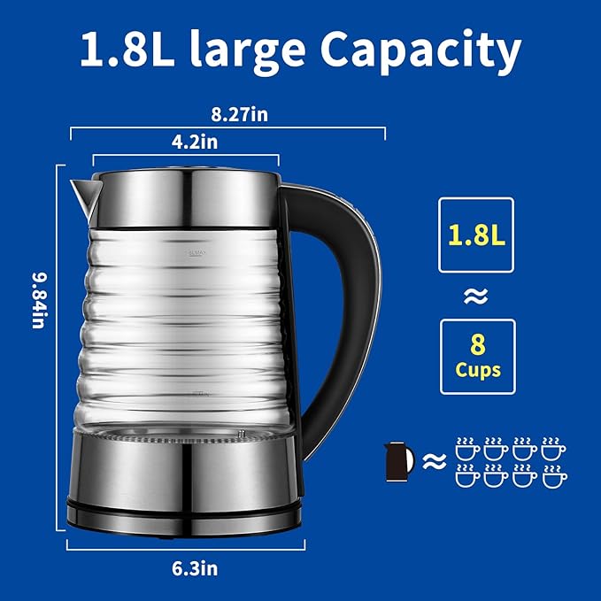 Electric Kettle, 1.8L Temperature Control Hot Water Boiler, No Plastic Contact with Water, Automatic Shutoff, Keep Warm, Cordless with LED Light for Tea Coffee
