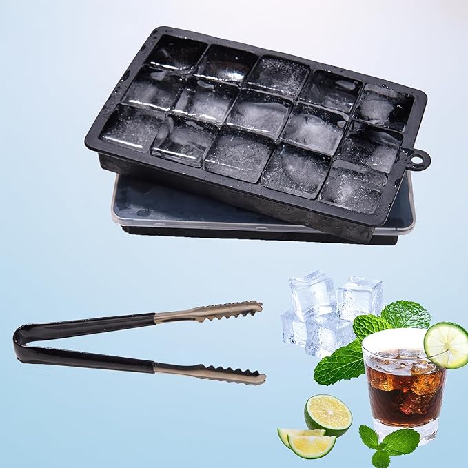 Ice Cube Tray with Lid, Ice Trays for Freezer, 2 Pack 30 Cubes, Silicone Square Ice Molds for Whiskey,Cocktails and Daily Drinks, BPA Free Easy Release, Includes Ice Cube Tongs