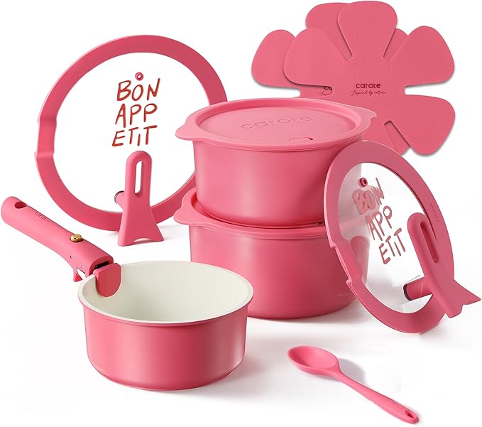 CAROTE Ceramic Sauce Pan Sets with Stand-Up Lid 2QT, 3QT & 4QT, 11 Piece NonStick Kitchen Cookware Sets with Detachable Handle, Non Toxic Cooking Pot, Oven Safe, Induction Ready, Pink