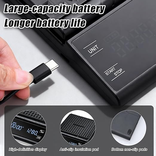 Rechargeable Coffee Scale with Timer, 5kg/0.1g Precision Pour Over Drip Espresso Scale for French Press, Digital Kitchen Scale with Auto Tare, Lit LCD Display and Silicone Cover