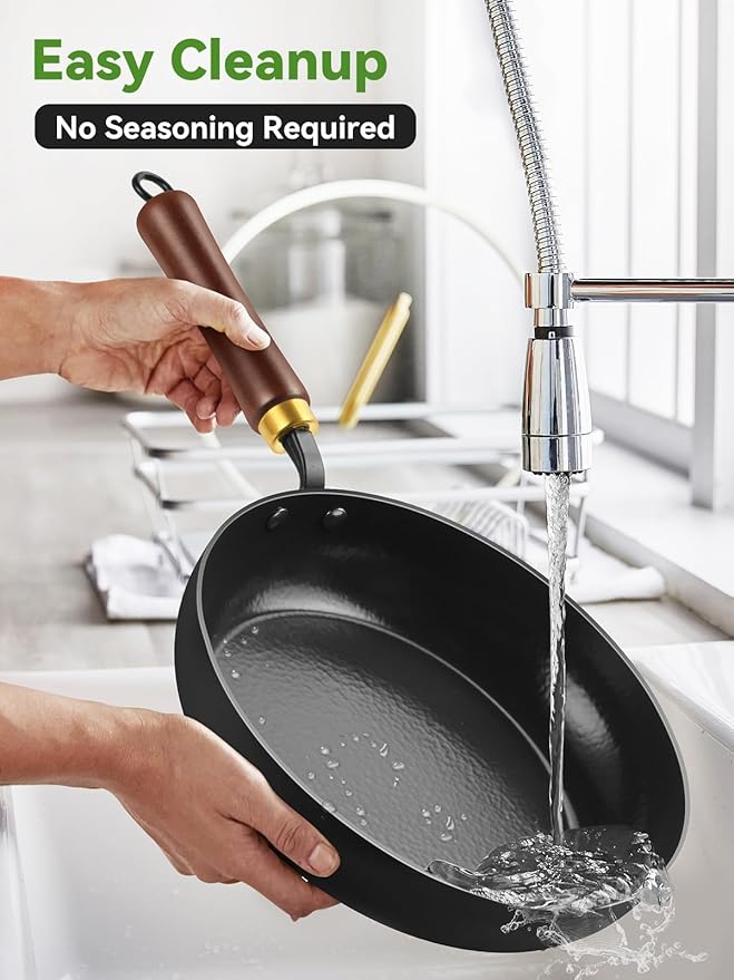 Carbon Steel Skillet, 11-Inch Nonstick Frying Pan, Stay-Cool Wooden Handle, Non Toxic, PTFE & PFOA Free Oven-Safe, Season-Free Enameled Carbon Steel Pan