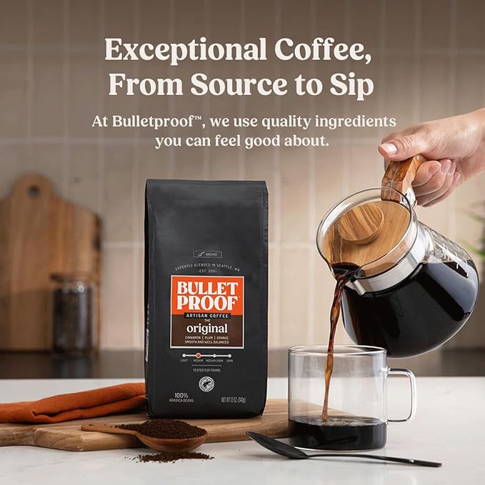 Bulletproof Original Medium Roast Ground Coffee, 12 Ounces, 100% Arabica Coffee, Clean Coffee Tested for Toxins, Packaging May Vary
