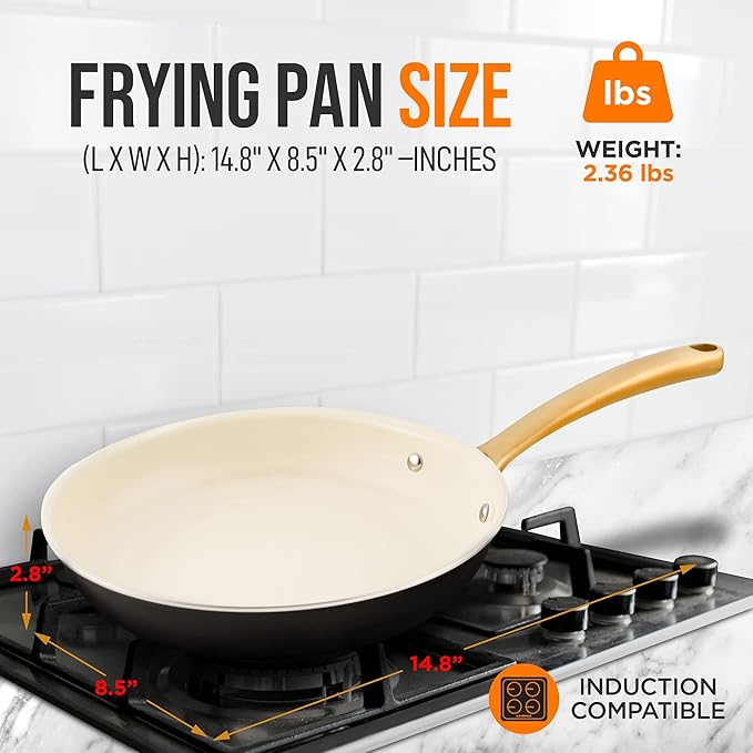 NutriChef 8” Small Fry Pan - Professional Home Cookware Small Skillet Nonstick Frying Pan with Golden Titanium Coated Silicone Handle, Ceramic Coating, Stain-Resistant And Easy To Clean