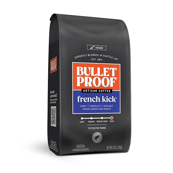 Bulletproof French Kick Dark Roast Ground Coffee, 12 Ounces, 100% Arabica Beans, Clean Coffee Tested for Toxins, Packaging May Vary