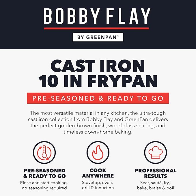 GreenPan x Bobby Flay 10” Cast Iron Pre-Seasoned Skillet with Helper Handle, Professional Grade Heavy Duty, Induction, Pour Spouts, Versatile Stovetop, Oven, BBQ Grill Fire, Indoor/Outdoor Use, Black