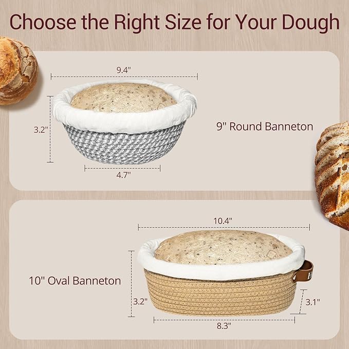 Banneton Bread Proofing Basket – Sourdough Starter Kit with 9" Round & 10" Oval Cotton Rope Baskets, Liners & Covers sourdough Bread Proofing Supplies, Baking Bread Bowl for Proofing