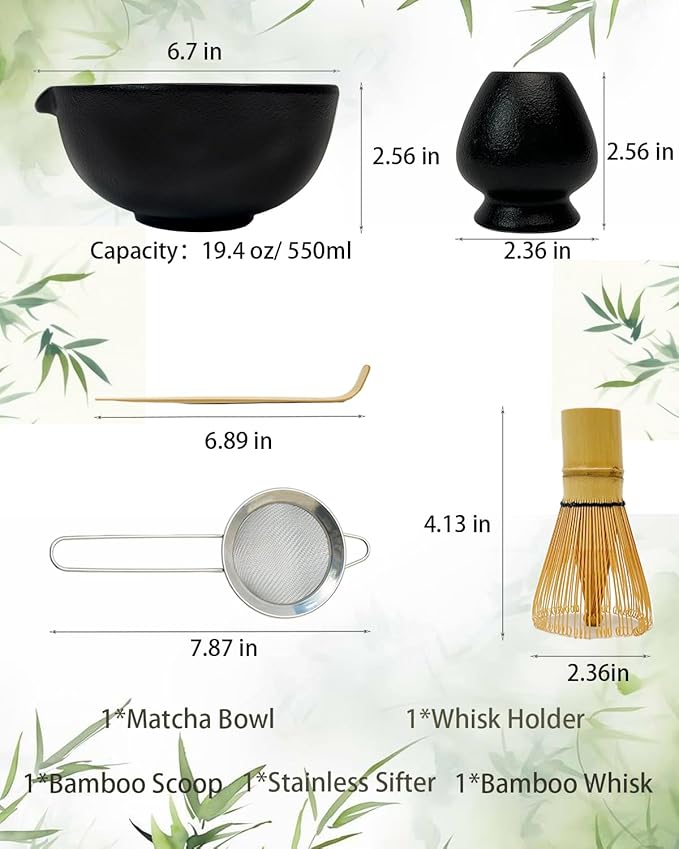 Matcha Whisk Set,Matcha Set,Matcha Kit,Matcha Bowl with Spout,Scoop,Sifter,Bamboo Whisk,Chasen Holder,Unique Gifts for Women Grifend,Gifts for Christmas, Birthday,Halloween(Black)