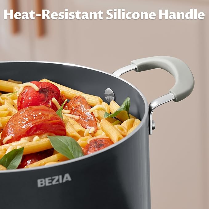 8 Quart Nonstick Stock Pot with Lid, BEZIA Ceramic Soup Pot with Lid, Induction Ready, Large Cooking Pot with Silicone Handle, Compatible with All Cooktops, Dishwasher Safe
