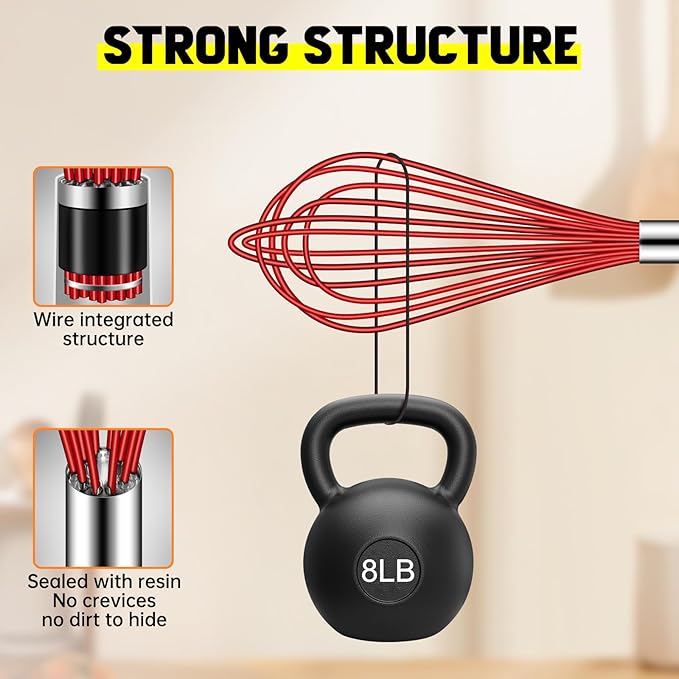 HOTEC 4 Pieces Silicone Whisks Set, Wire Balloon Whisks Egg Beater, Non-slip Handle Whisk for Non-stick Cookware Perfect for Cooking, Stirring, Beating and Blending (Red)