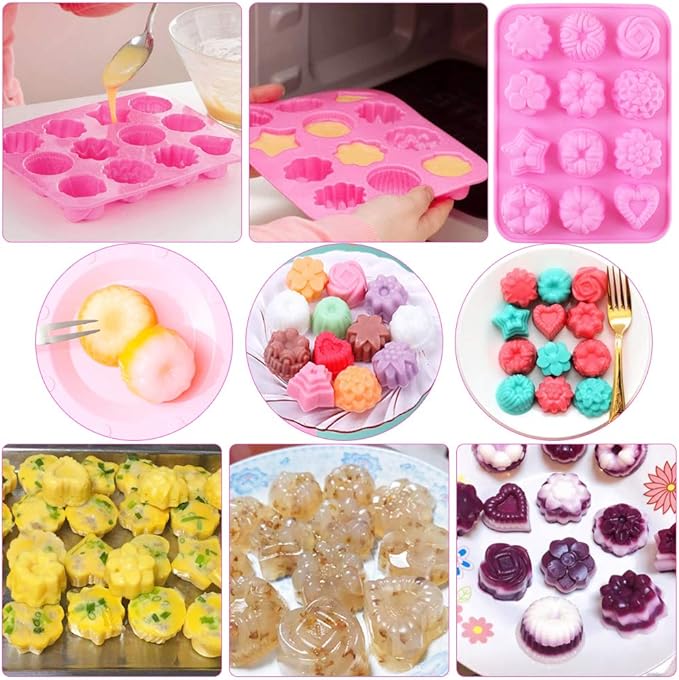 Newk Flower Heart Shape Chocolate Silicone Mold, 4 Packs 12 Cavity Candy Baking Mold for Parties, Festival and DIY Crafts - Green, Blue, Pink, Orange