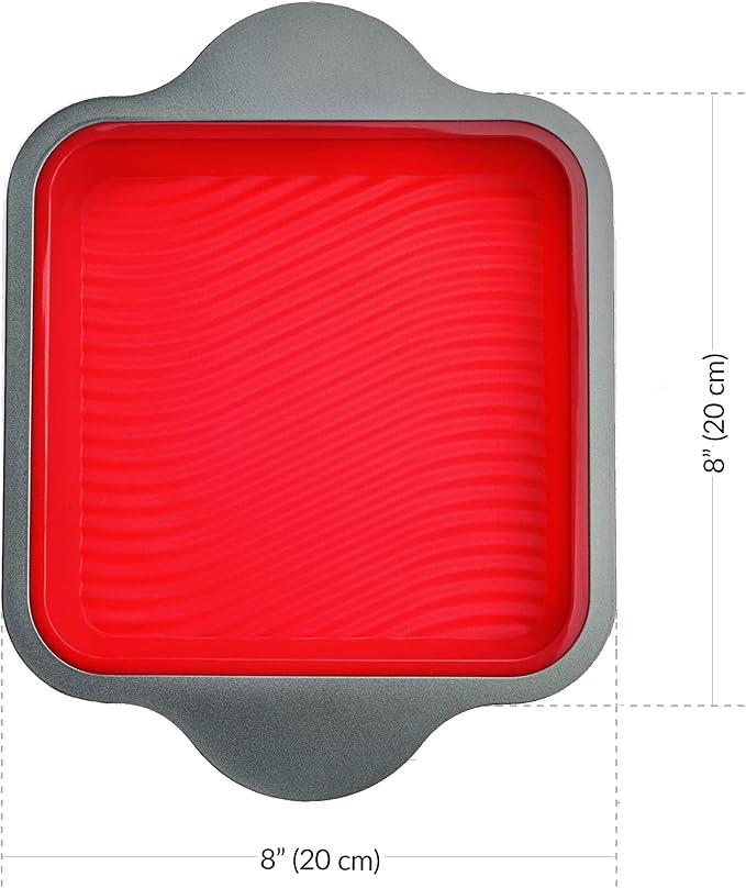Boxiki Kitchen Non-Stick Silicone 8x8 Square Cake and Brownie Pan with Easy Grip Steel Frame Handles - Easy to Release, Oven & Dishwasher Safe