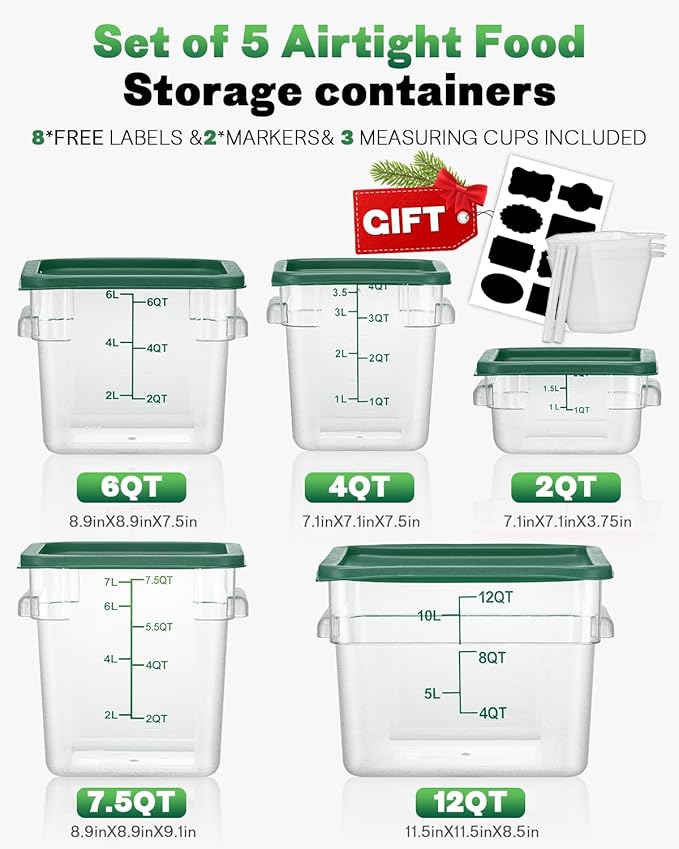 2QT NSF Food Storage Containers: 8 PCS [Food Grade][Hot&Cold Resistant] Commercial Clear Square Food Storage Containers with Scales Handles for Home Restaurant Kitchen Proof Dough(Green)