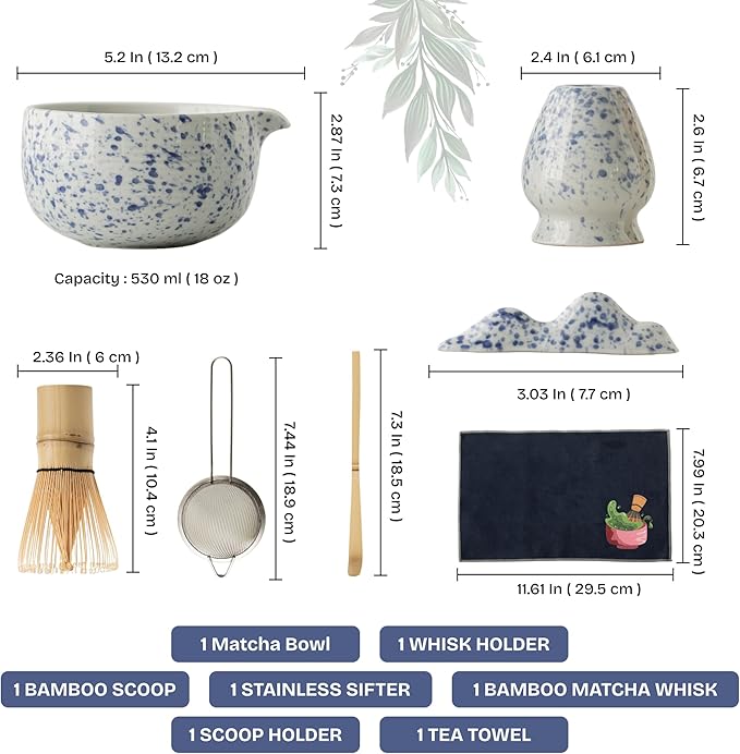 Matcha Whisk Set, 7 PCS Matcha Kit with Matcha Bowl with Spout, Bamboo Matcha Whisk and Scoop, Matcha Accessories & Sifter – Complete Matcha Set for Tea Lovers, Matcha Gift Set (Blue)