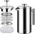 French Press, 600ml Double Insulated 304 Stainless Steel Coffee Tea Maker 4 Level Filtration System, No Coffee Grounds, Rust-Free, Dishwasher Safe for Single Use