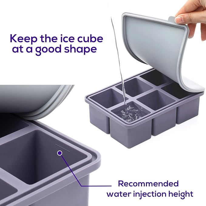 Mossime Large Ice Cube Molds: Square Whiskey Silicone Ice Cube Trays With Lid - 2pack Old Fashioned Big Silicone Ice Cube Tray for Cocktail - 2inch Easy Release Ice Cube Maker For Freezer