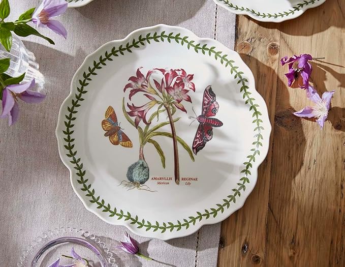 Portmeirion Botanic Garden Lotus Dinner Plate, Mexican Lily - Decorative Porcelain Dish with Butterfly Motif, 11.25" Scalloped Rim Shape for Dining or Display - Microwave, Oven & Dishwasher Safe