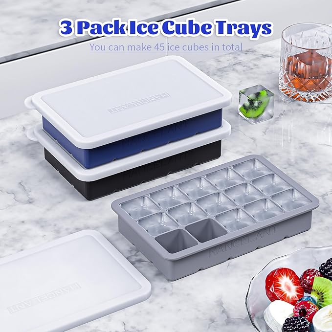 Silicone Ice Cube Tray 3 Pack, HANCELANT Ice Cube Mold, Ice Trays for Freezer with Lid for Whiskey, Baby Food, BPA Free, Easy Release