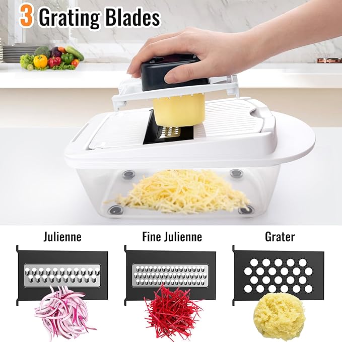 12 Blade All-in-1 Vegetable Chopper Mandoline Slicer with Container, Spiralizer with Contianers, Food Chopper, Onion Chopper, Veggie Cutter for Salad, Kitchen Gadgets Accessories Essentials, White