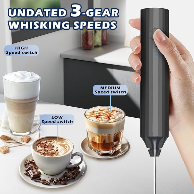 Milk Frother-Handheld Electric Whisk for Coffee, Latte, and Hot Chocolate (Plastic body-Built in 1200mAh lithium battery, USB rechargeable) Drink Mixer Handheld, Lightweight & Portable (Black)