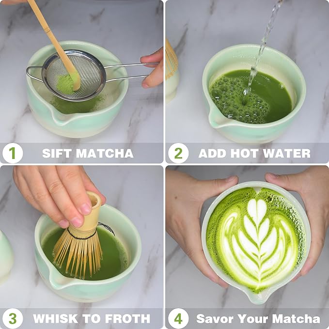 Matcha Whisk Set, Ceramic Matcha Bowl with Spout, Bamboo Whisk, Traditional Scoop, Chasen Holder, Powder Sifter, Japanese Tea Making Kit for Matcha Lovers Beginners Birthday Christmas Gift