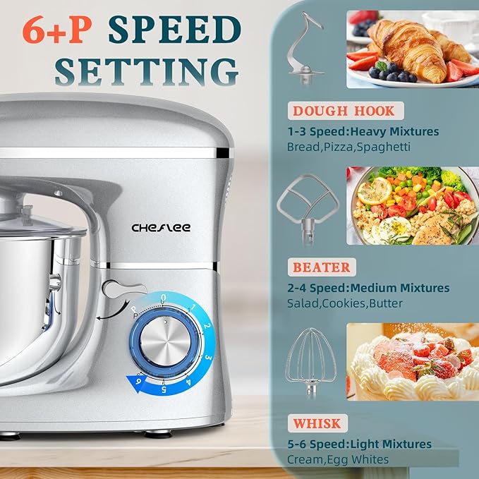 CHeflee Stand Mixer,660W 6+P With 6.5QT Stainless Steel Bowl,Dough Hook, Wire Whip & Beater,for Most Home Cooks,Silver
