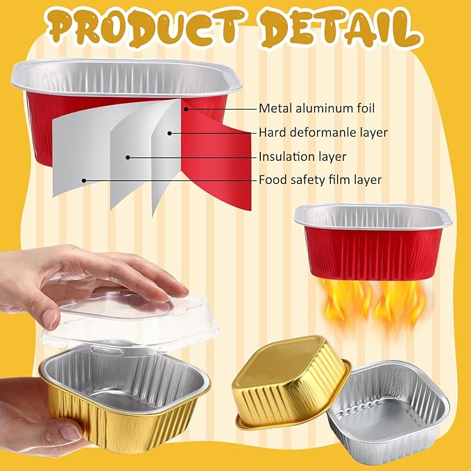 Aoriher 150 Pieces 10 oz Mini Cake Pans with Lids Aluminum Foil Baking Cups Square Disposable 4" x 4" Large Cupcake Cups Baking Tins for Kitchen Brownie Pudding Desserts Holders(Multicolor)