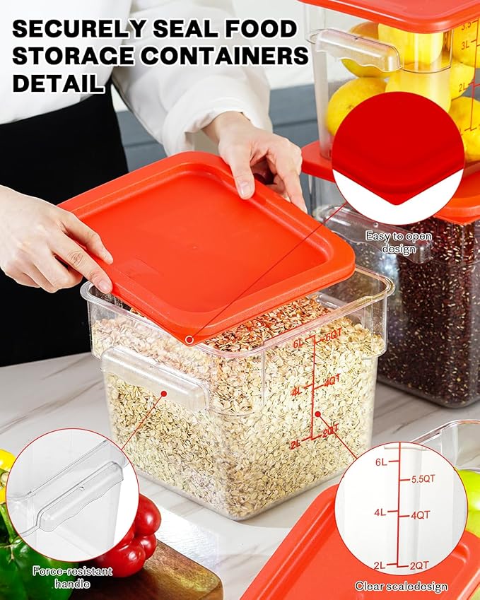 2QT NSF Food Storage Containers: 8 PCS [Food Grade][Hot&Cold Resistant] Commercial Clear Square Food Storage Containers with Scales Handles for Home Restaurant Kitchen Proof Dough(BPA FREE)