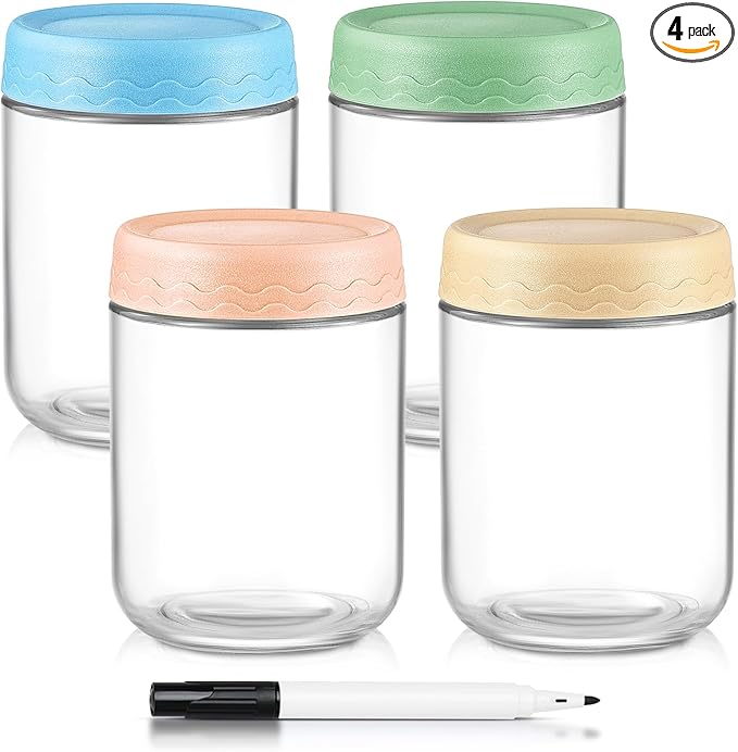 DRKIO 16 Oz Overnight Oats Containers with Lids - 4 Pack Glass Storage Jars with Airtight Lids Wide Mouth Mason Food Jars Great for Meal Prep Salad Chia Pudding Snacks Yogurt Sugar Spice Cereal