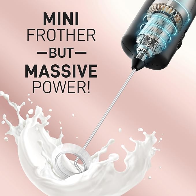 Mini & Mighty Milk Frother Wand - Powerful Handheld Drink Mixer - Stocking Stuffer Coffee Frother For Latte, Cappuccino, Matcha, Hot Chocolate, Creamer - Black