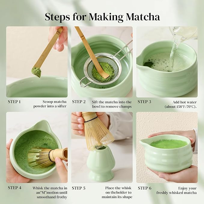 DOWAN Matcha Whisk Set, 7 Pcs Matcha Set Includes Bowl with Spout, Whisk and Holder, Bamboo Scoop and Holder, Sifter and Tea Towel - 7 Pcs Matcha Kit Gift for Lovers Beginners, Christmas (Green)