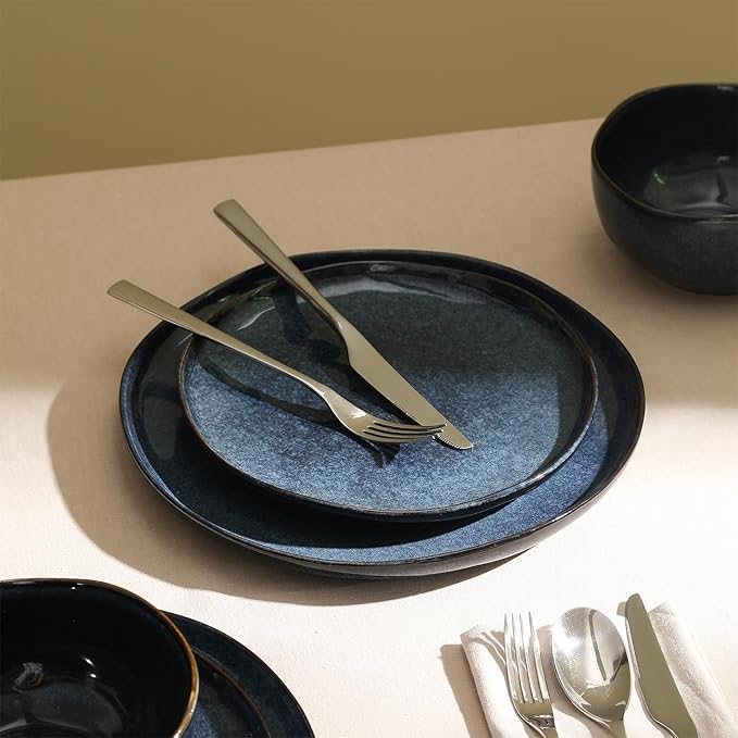 Stone Lain Mirella 12-Piece Stoneware Dinnerware Set, Service for 4, Reactive Glaze, Deep Blue – Includes Dinner Plates, Salad Plates, and Bowls – Modern Artisanal Design