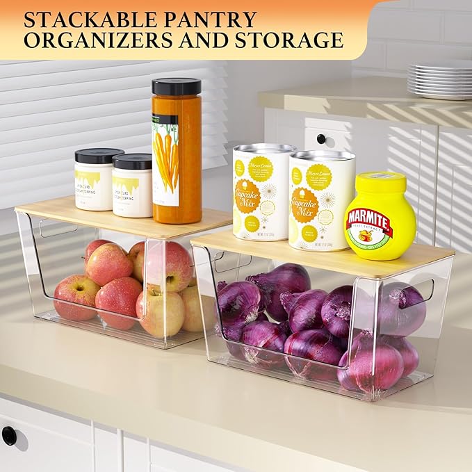4 Pack Clear Stackable Potato & Onion Storage Bins - Trash Bag Holder Dispenser Under Sink Organizer for Pantry, Kitchen Countertop - Trash Bag Dispenser with Bamboo Lid for 4-13 Gal Bags
