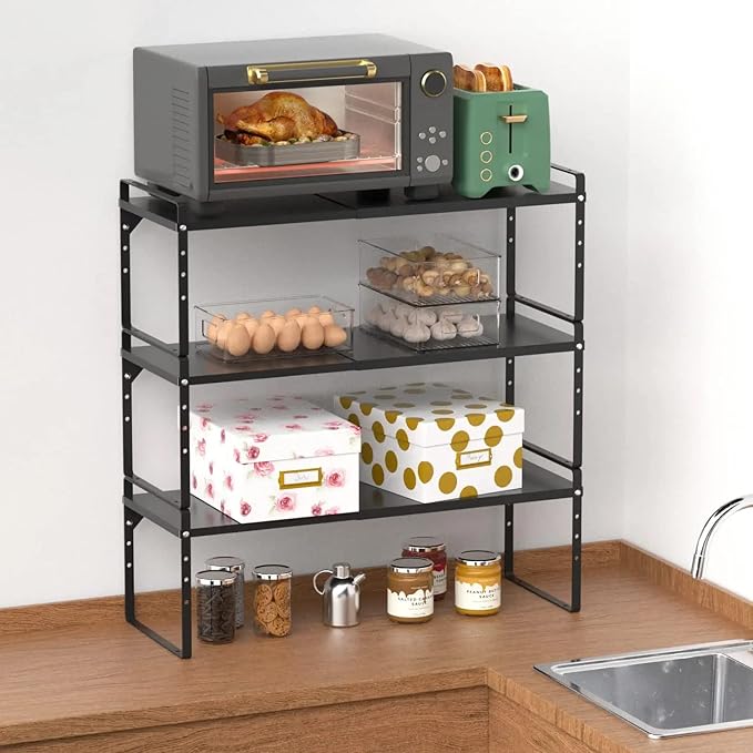 Expandable Kitchen Cabinet Shelf Organizers 3 Pack, Stackable Metal Pantry Storage Shelves Rack, Adjustable Counter Shelf for Cabinets, Countertop, Cupboard Organizers and Storage, Black