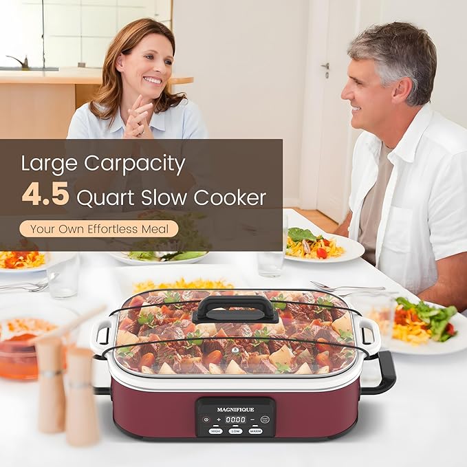 4 Quart Casserole Programmable Slow Cooker with Ceramic Baking Dish - Perfect Kitchen Small Appliance for Family Dinners, Oven Safe and Durable Bakeware for Lasagna, Roasts (Red)