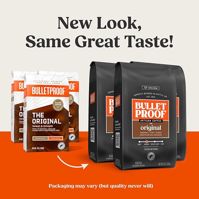 Bulletproof Original Medium Roast Whole Bean Coffee, 12 Ounces (Pack of 3), Clean Coffee Tested for Toxins, Packaging May Vary