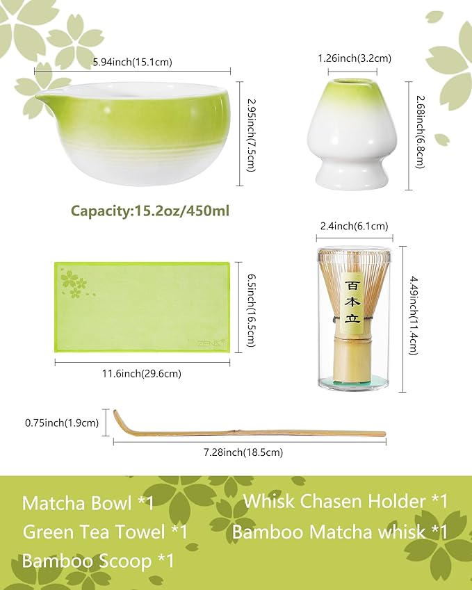 ZENS Matcha Whisk Set, 5pcs Matcah Kit Includes Ceramic Bowl with Spout, Handcrafted Bamboo Whisk, (Chasen) Holder, Scoop & Tea Mat, Matcha Set Gift for Tea Ceremony, Green