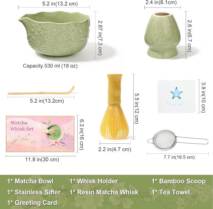 6pcs Matcha Whisk Set Includes Resin Matcha Whisk,Ceramic Matcha Bowl Set and Sifter,Matcha Whisks Holder,Natural Bamboo Spoon and Tea Towel for Matcha Starter Kit Lovers (Mottled Green)
