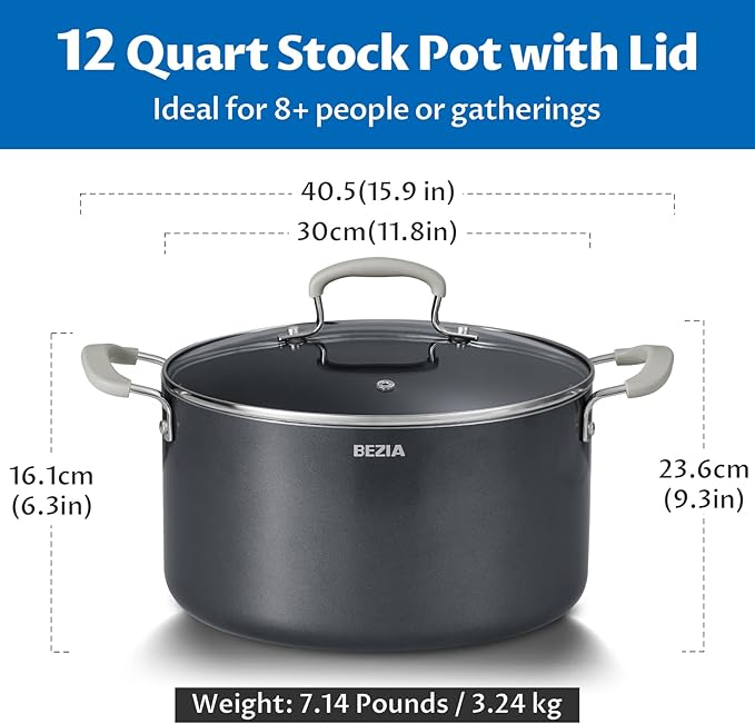 12 Quart Nonstick Stock Pots with Lid, BEZIA Large Pot for Cooking, Ceramic Soup Pot with Lid, Induction Ready, Big Cooking Pots with Silicone Handle, Compatible with All Cooktops, Dishwasher Safe