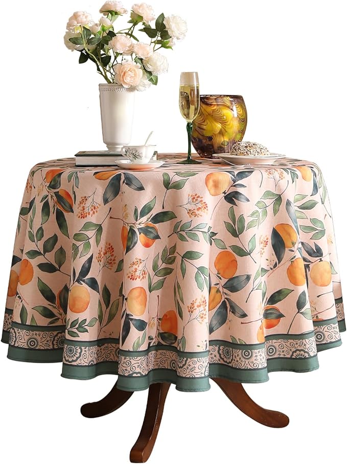 patdrea Designer Linen Round Table Cloth,Vintage Framhouse Oranges and Leaves Pattern Tablecloth,Decor Table Cover for Kitchen Dining Christmas,Thanksgiving,Tea Party,Diameter 67"-Palladin a