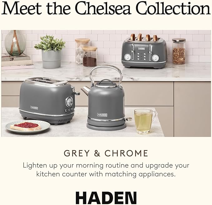 Haden Chelsea 2 Slice Wide Slot Toaster with Adjustable Browning Control, Grey & Chrome