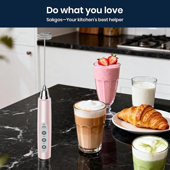 Milk Frother Rechargeable Handheld - Electric Whisk 3 Speed Adjustable, Coffee Frother Wand with 3 Stainless Whisks, Electric Foam Maker, Drink Mixer Blender for Latte Cappuccino Matcha Egg