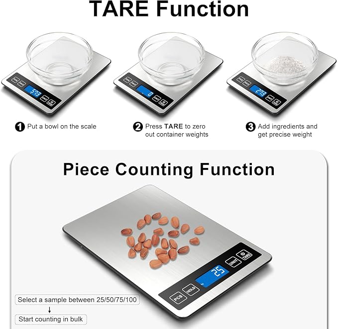 Fuzion Food Scale, 1g/0.1oz Digital Kitchen Scale - 22lb, 7 Units, Tare & PCS, Rechargeable Power, Tempered Glass & Stainless Steel - Food Weight Scale Grams and Ounces for Cooking, Baking