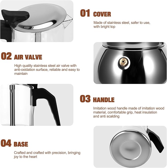 Stovetop Espresso Maker, 4Cup 200ML Stainless Steel Stovetop Italian Coffee Maker Transparent Glass Moka Pot, Coffee Maker Mocha Pot for Home Cafe Outdoor Office