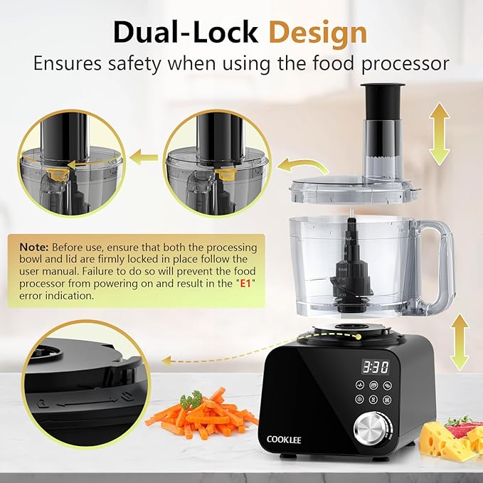 COOKLEE Food Processor, 600 Watts, 6 Functions Electric Vegetable Chopper for Chopping, Mincing, Dicing, Shredding, Slicing, Purees & Dough with 12cup Processor Bowl, Food Chute & Pusher, Black